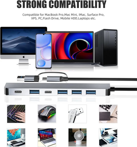 Hub USB de 7 Puertos – USB 3.0, USB 2.0 y USB-C con Alimentación 5W