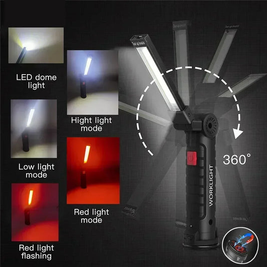 Lámpara de Trabajo LED COB Recargable – 5 Modos, Imán y Gancho Incluidos