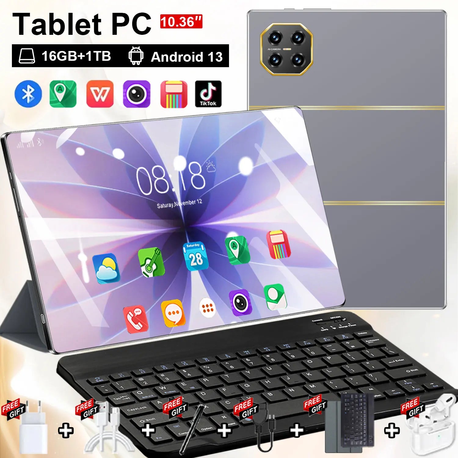 5G New Tablets 10.36Inch Tablet Android 16GB RAM 1TB ROM Dual Camera 16MP+32MP Android 13.0 20000mAh 10 core Dual SIM Card Bluetooth WiFi Betwork GPS WPS Type-C