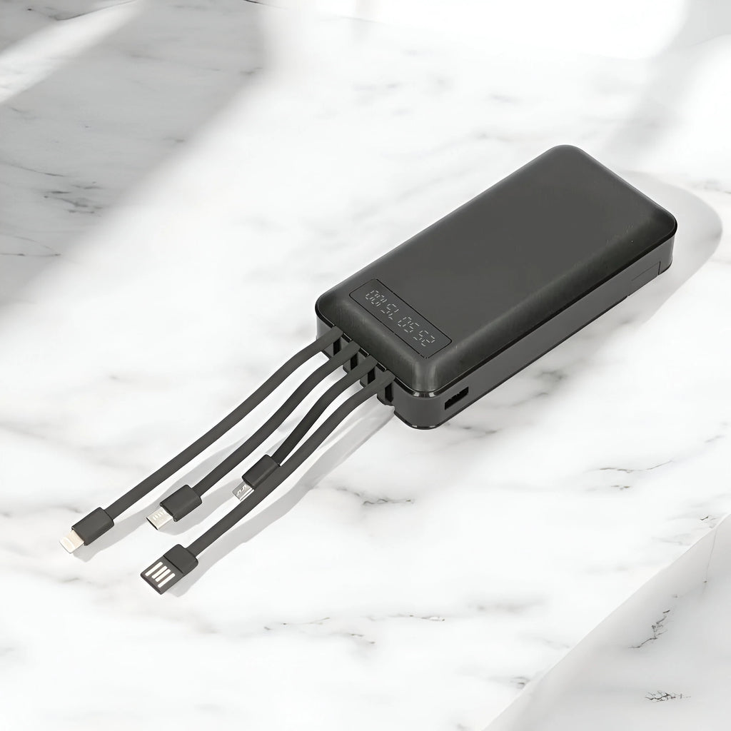 Power Bank 20000mAh Built-in Cables and LED Display with Mini Holder for Smartphone External Battery with Built-in Light