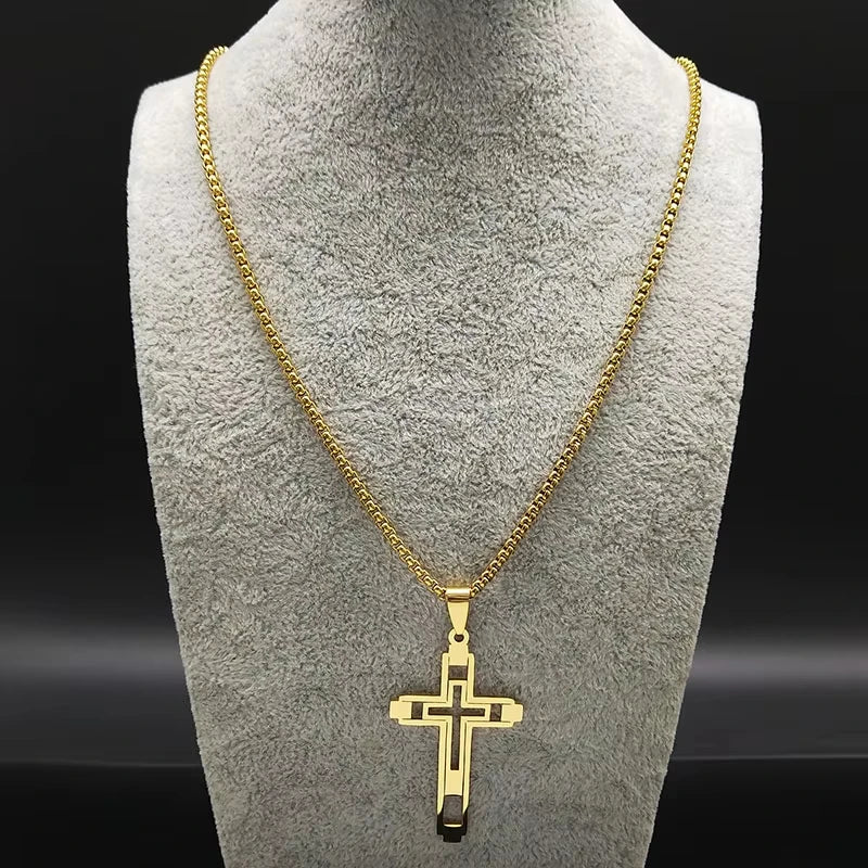 A set of 3 men's stainless steel cross necklace, bracelet and ring, gift-fever chain necklace with cross pendant, Cuban chain br