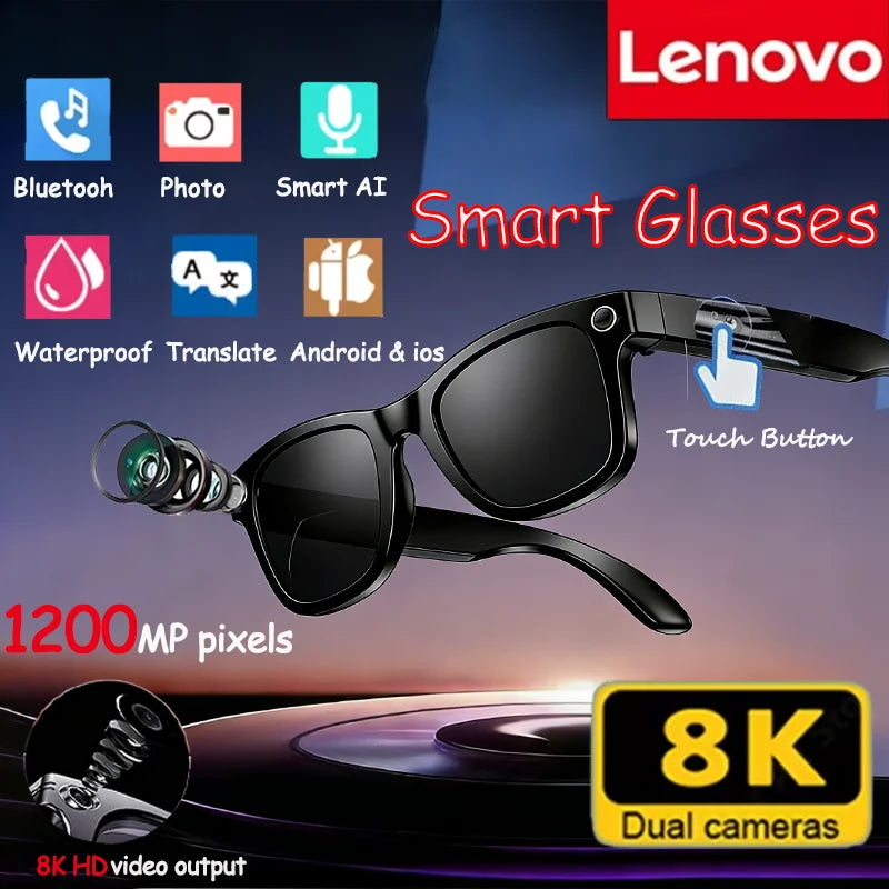 Lenovo AI Smart Glasses With 8K 1200mp Camera Chat Gpt Touch Sport Sunglasses Music Player Bluetooth Calling Voice Assistant