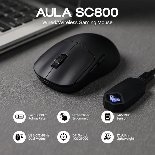 Mouse Gaming AULA SC800 Ultraliviano 37g - Sensor PAW3395, USB-C y 2.4G Inalambrico