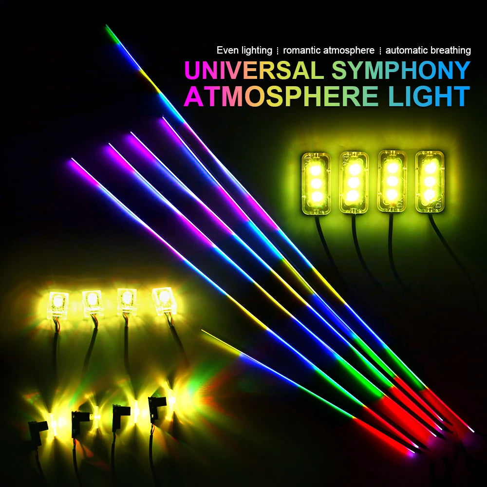 18 in 1 Dual Zone Symphony LED Car Ambient Lights RGB 64 Colors Interior Rainbow Acrylic Strip Neon Atmosphere Lighting Kit App