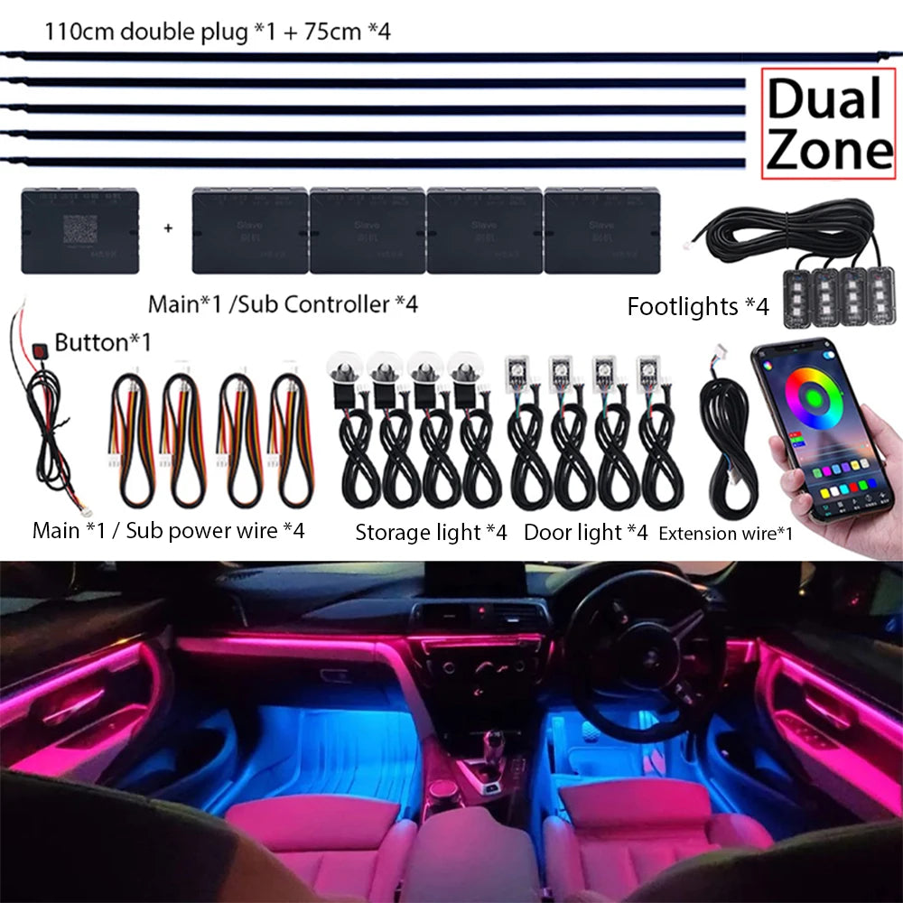 18 in 1 Dual Zone Symphony LED Car Ambient Lights RGB 64 Colors Interior Rainbow Acrylic Strip Neon Atmosphere Lighting Kit App