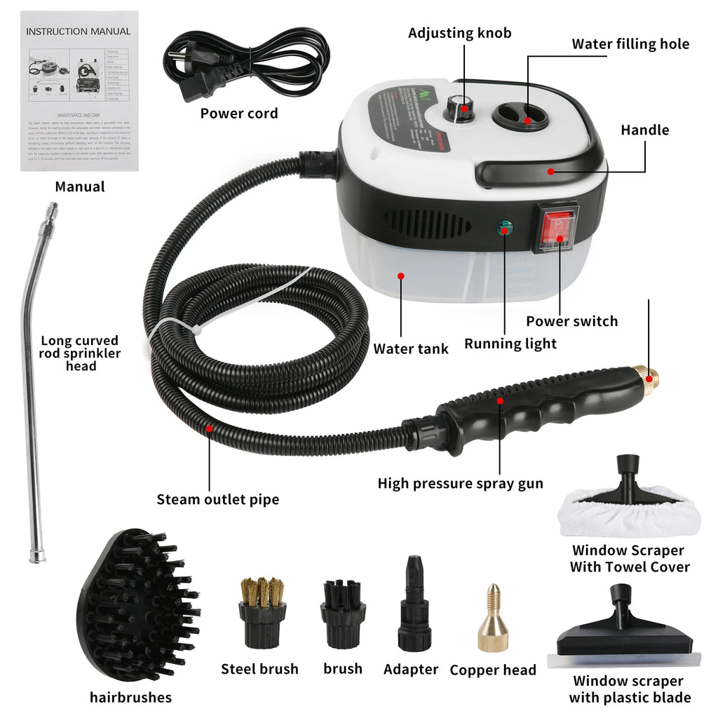 2500W Steam Cleaner High Pressure＆Temperature 105°C 3BAR Fast Heating 6-Speed 900ml Tank for Home/Kitchen/Bathroom/Car Cleaning