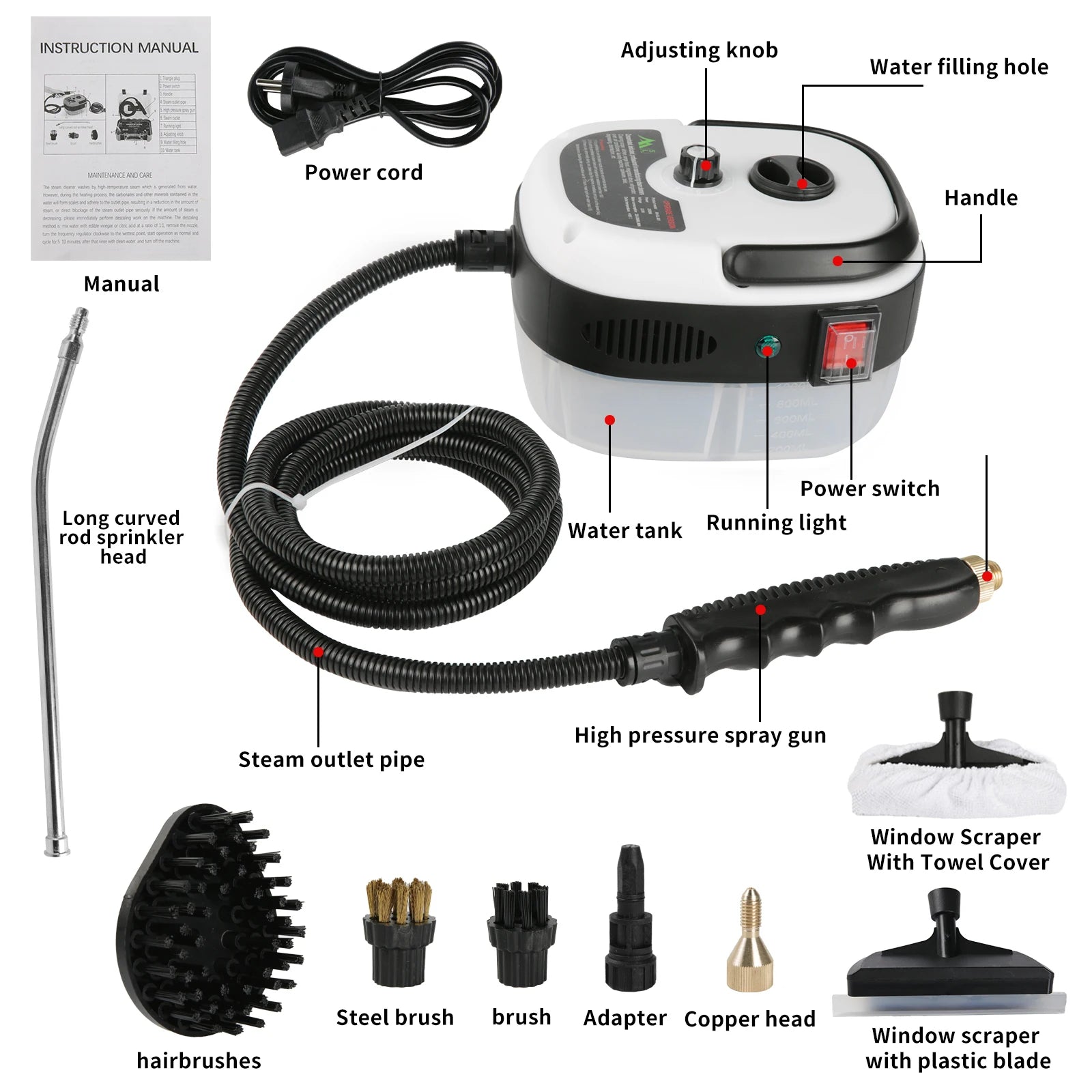 2500W Steam Cleaner High Pressure＆Temperature 105°C 3BAR Fast Heating 6-Speed 900ml Tank for Home/Kitchen/Bathroom/Car Cleaning