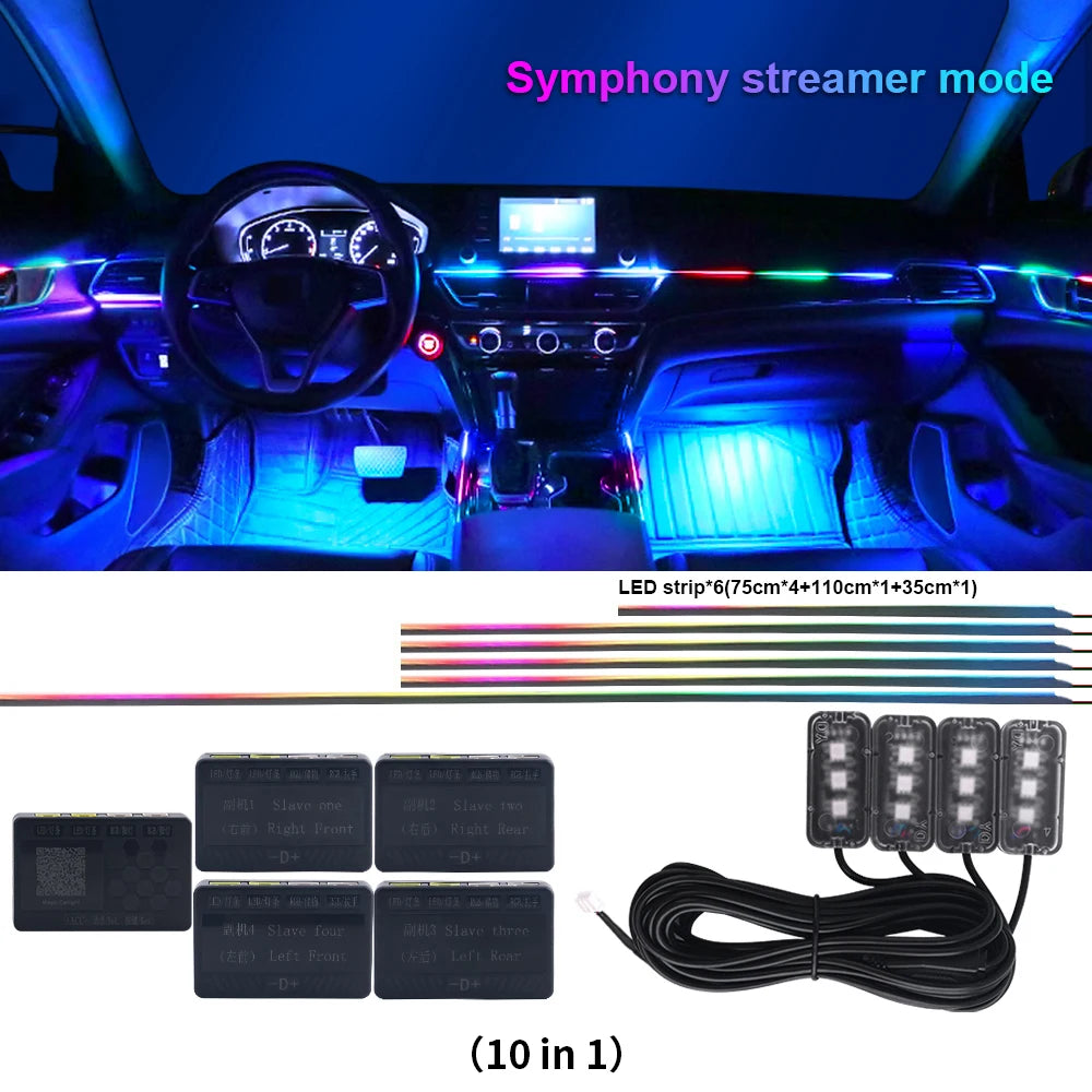 18 in 1 Dual Zone Symphony LED Car Ambient Lights RGB 64 Colors Interior Rainbow Acrylic Strip Neon Atmosphere Lighting Kit App
