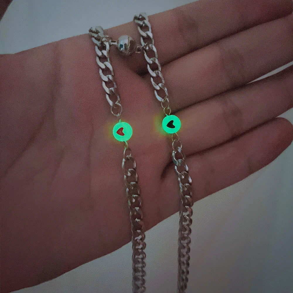 Stainless steel dark luminous fluorescent heart-shaped Beads Bracelet magnetic attraction lovers men and women jewelry wholesale