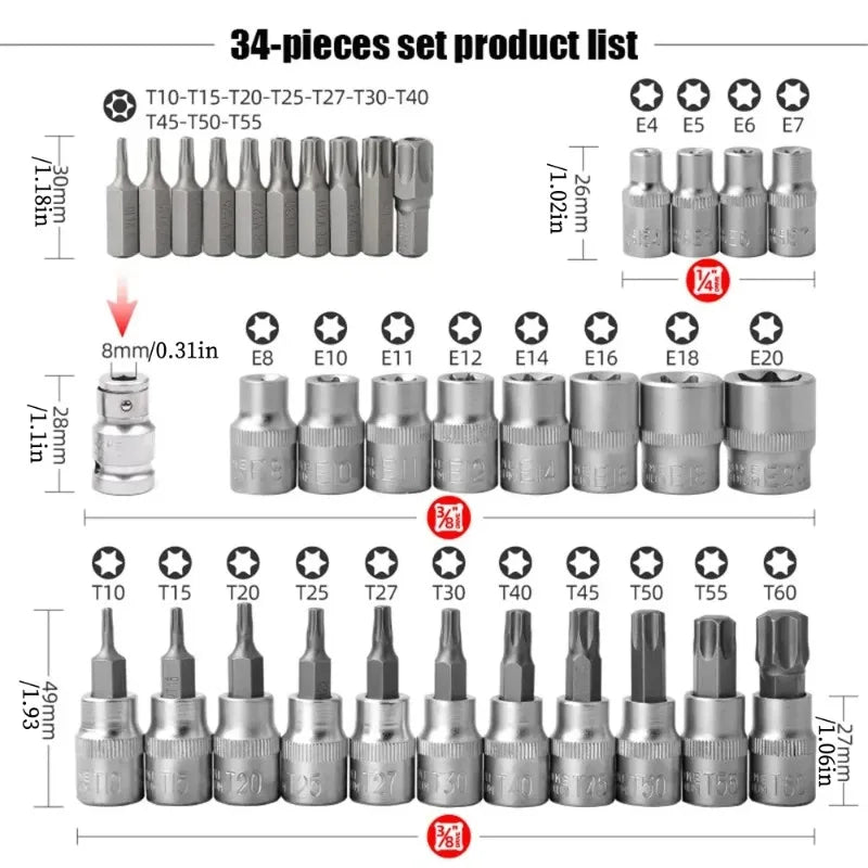 2026 34pcs Bit Socket and E-Torx Star Socket Set 1/4" 3/8" Drive Male Female E-torx Security Bits Handheld Tool Auto Repair Tool