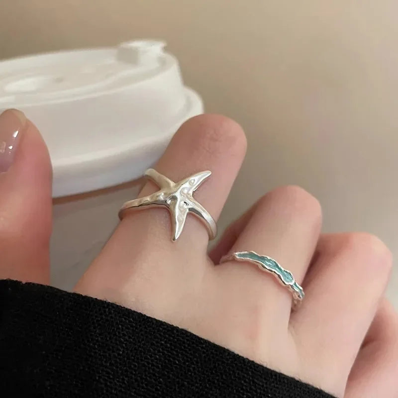 2026 Seaside Starfish Ring for Women Niche Index Finger Ring Adjustable Vacation Style Opening Stacked Rings Jewelry Accessories