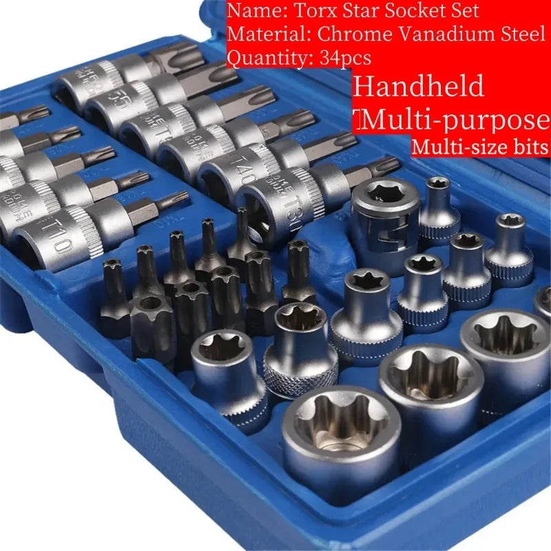 2026 34pcs Bit Socket and E-Torx Star Socket Set 1/4" 3/8" Drive Male Female E-torx Security Bits Handheld Tool Auto Repair Tool