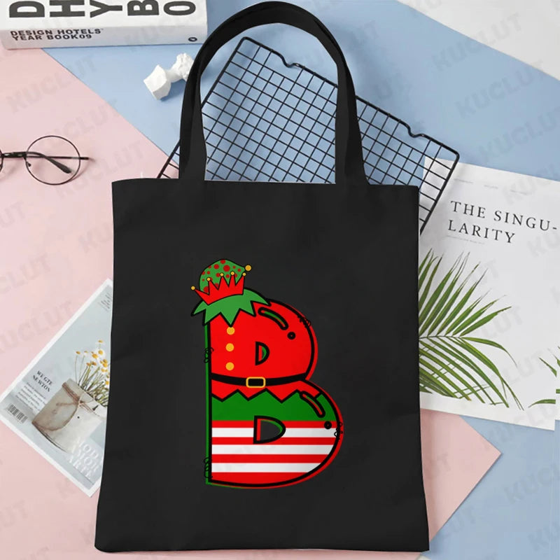 Merry Christmas 26 Alphabet Canvas Tote Bag for Women Letters Aesthetic Shoulder Bag Cartoon Capybara Student Reusable Handbags