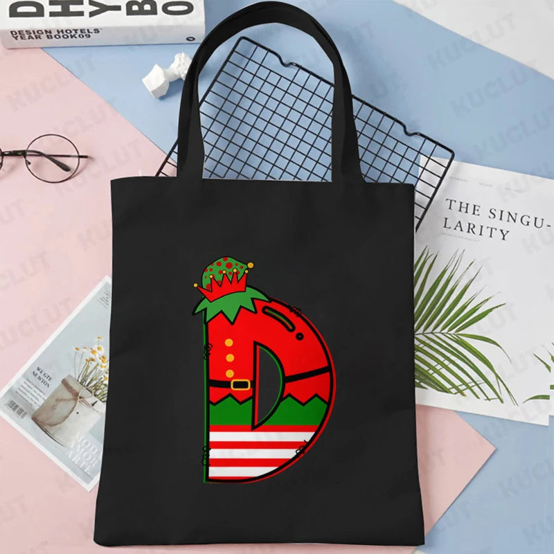 Merry Christmas 26 Alphabet Canvas Tote Bag for Women Letters Aesthetic Shoulder Bag Cartoon Capybara Student Reusable Handbags