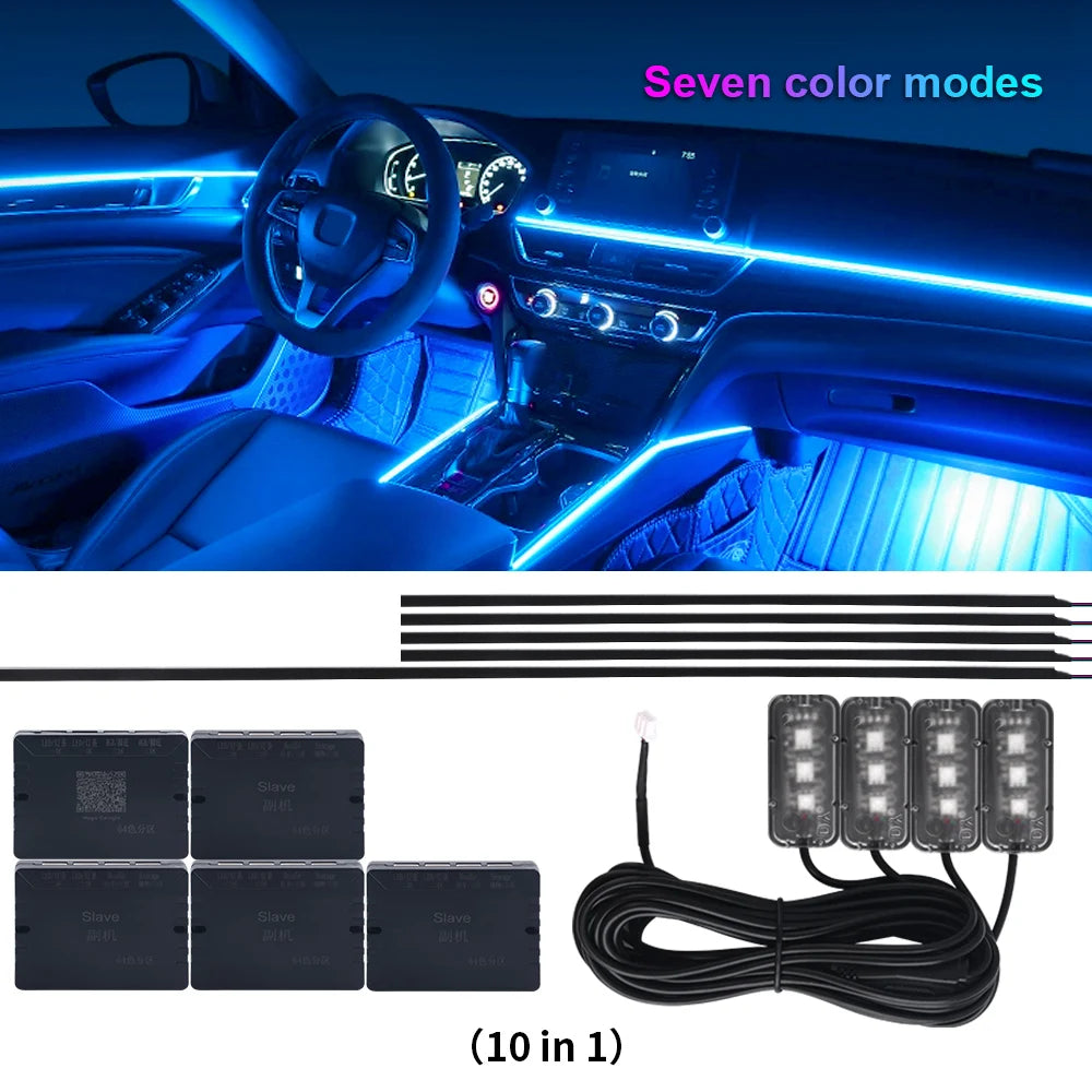 18 in 1 Dual Zone Symphony LED Car Ambient Lights RGB 64 Colors Interior Rainbow Acrylic Strip Neon Atmosphere Lighting Kit App