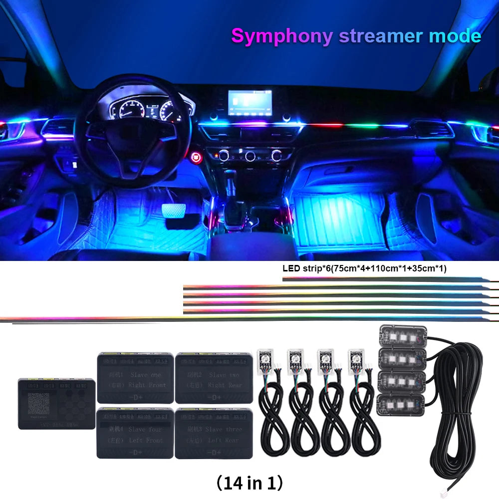 18 in 1 Dual Zone Symphony LED Car Ambient Lights RGB 64 Colors Interior Rainbow Acrylic Strip Neon Atmosphere Lighting Kit App
