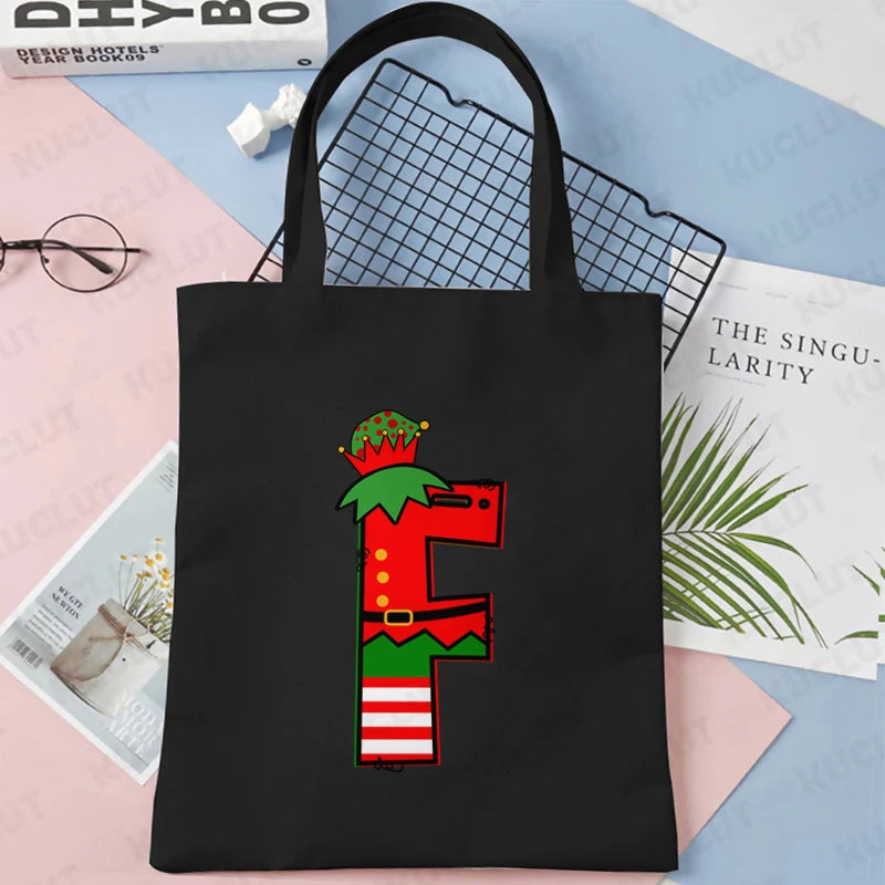 Merry Christmas 26 Alphabet Canvas Tote Bag for Women Letters Aesthetic Shoulder Bag Cartoon Capybara Student Reusable Handbags