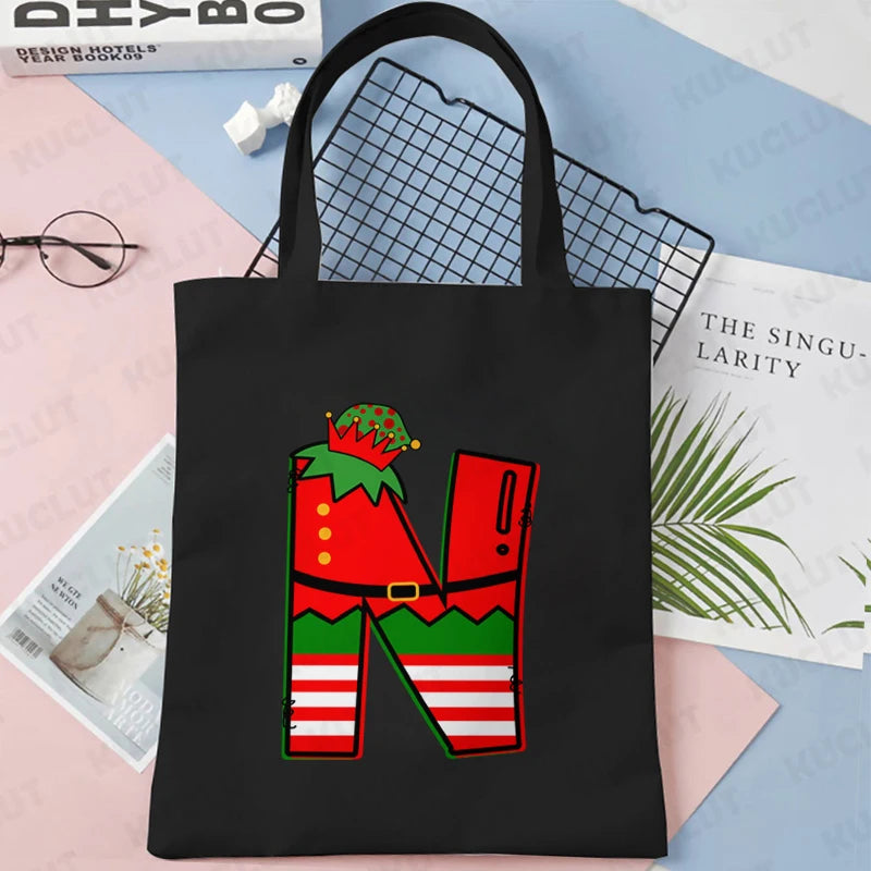 Merry Christmas 26 Alphabet Canvas Tote Bag for Women Letters Aesthetic Shoulder Bag Cartoon Capybara Student Reusable Handbags