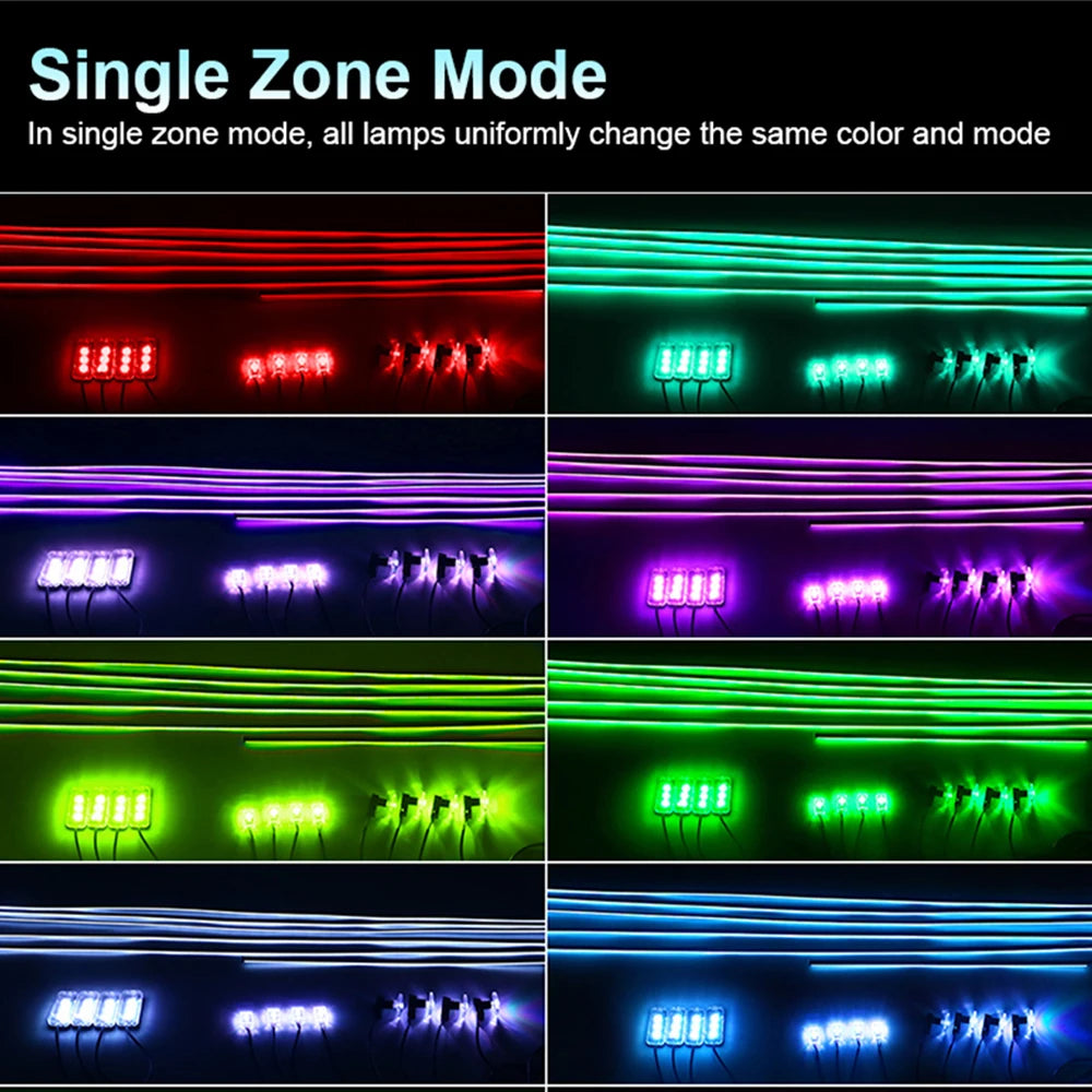 18 in 1 Dual Zone Symphony LED Car Ambient Lights RGB 64 Colors Interior Rainbow Acrylic Strip Neon Atmosphere Lighting Kit App