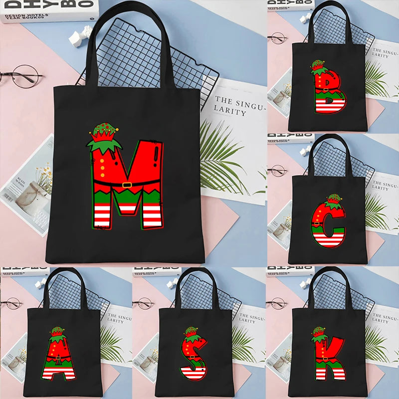 Merry Christmas 26 Alphabet Canvas Tote Bag for Women Letters Aesthetic Shoulder Bag Cartoon Capybara Student Reusable Handbags