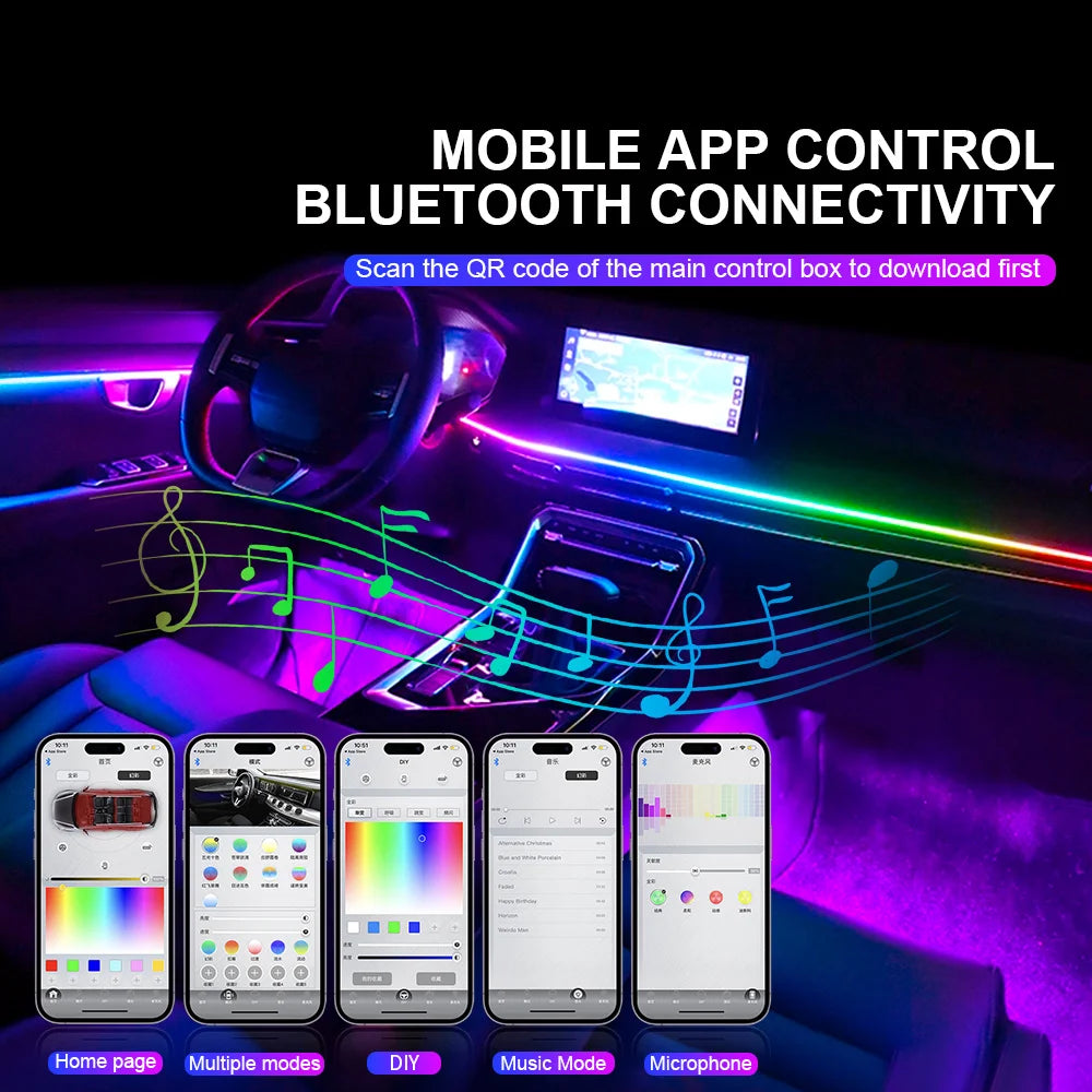 18 in 1 Dual Zone Symphony LED Car Ambient Lights RGB 64 Colors Interior Rainbow Acrylic Strip Neon Atmosphere Lighting Kit App