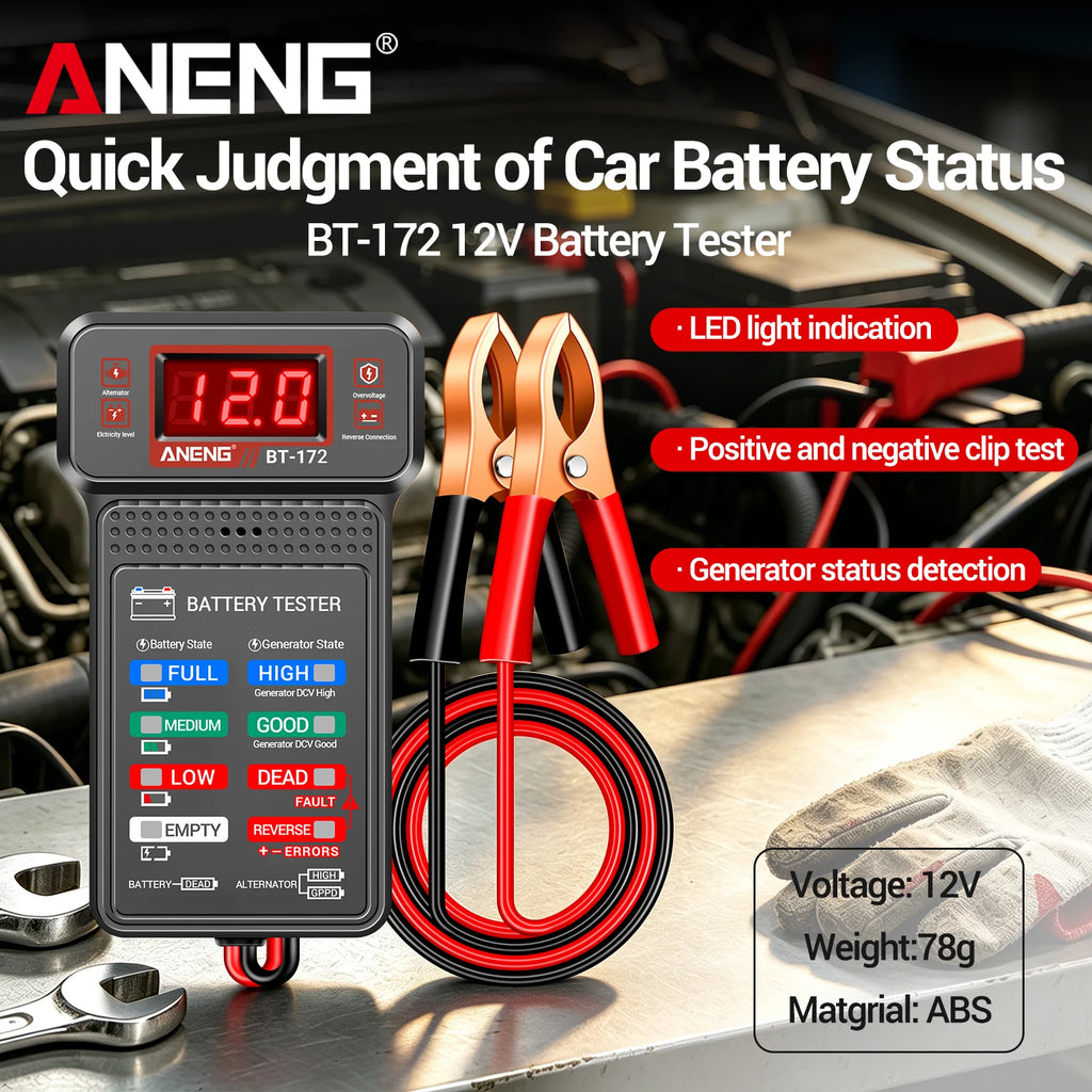 Car Battery Tester ANENG BT-172 12V Status Indicator Charge System Analyzer Voltage Meter Digital Display Alligator Clips Tool