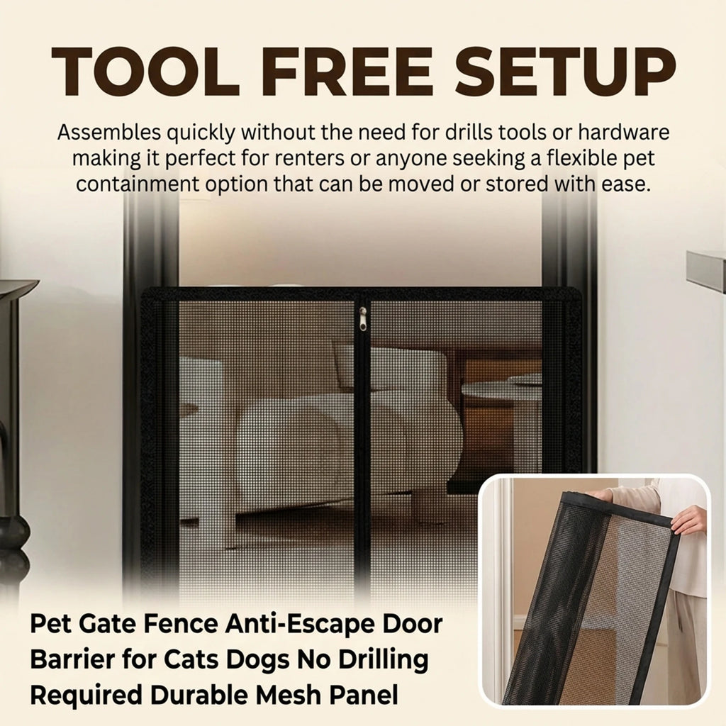 Pet Gate Fence No Drilling Mesh Barrier Anti Escape Door Guard for Cats and Dogs Durable Scratch Proof for Kitchen Stairs