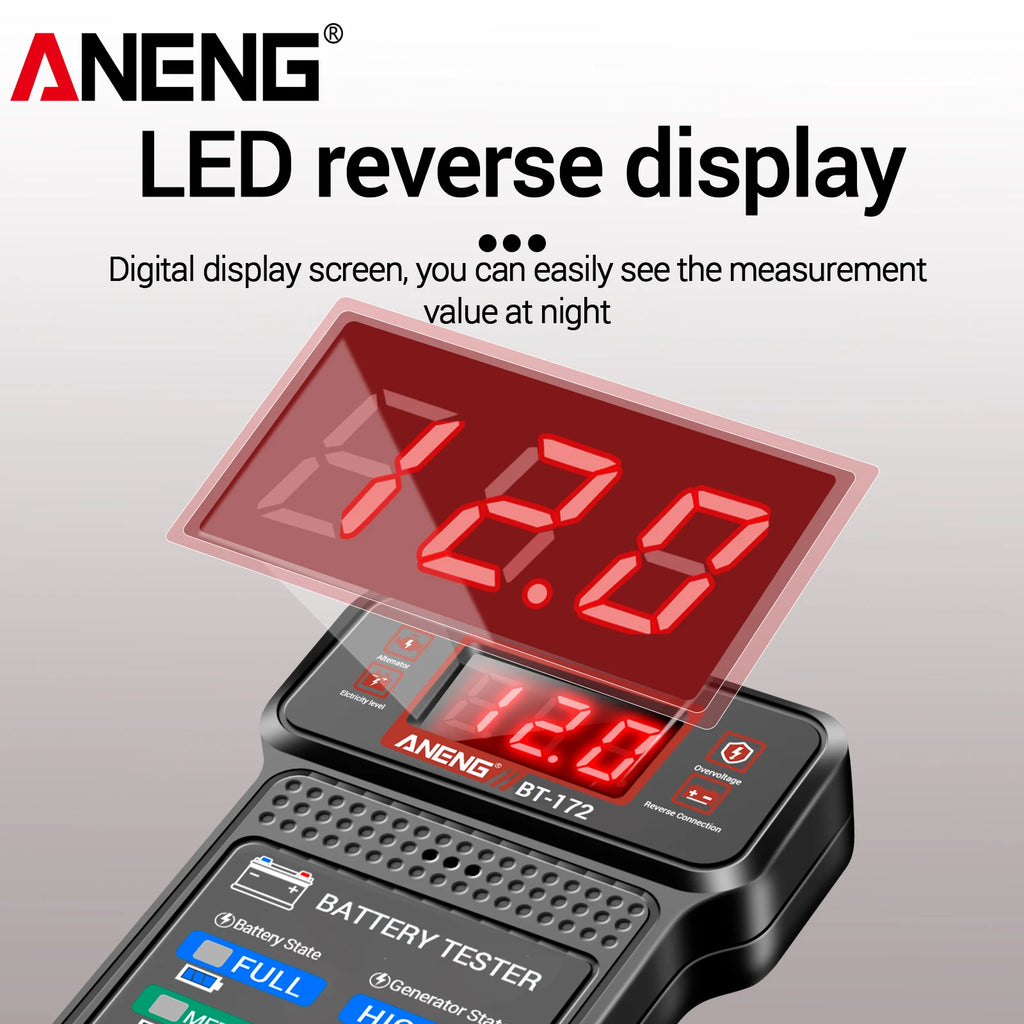 Car Battery Tester ANENG BT-172 12V Status Indicator Charge System Analyzer Voltage Meter Digital Display Alligator Clips Tool