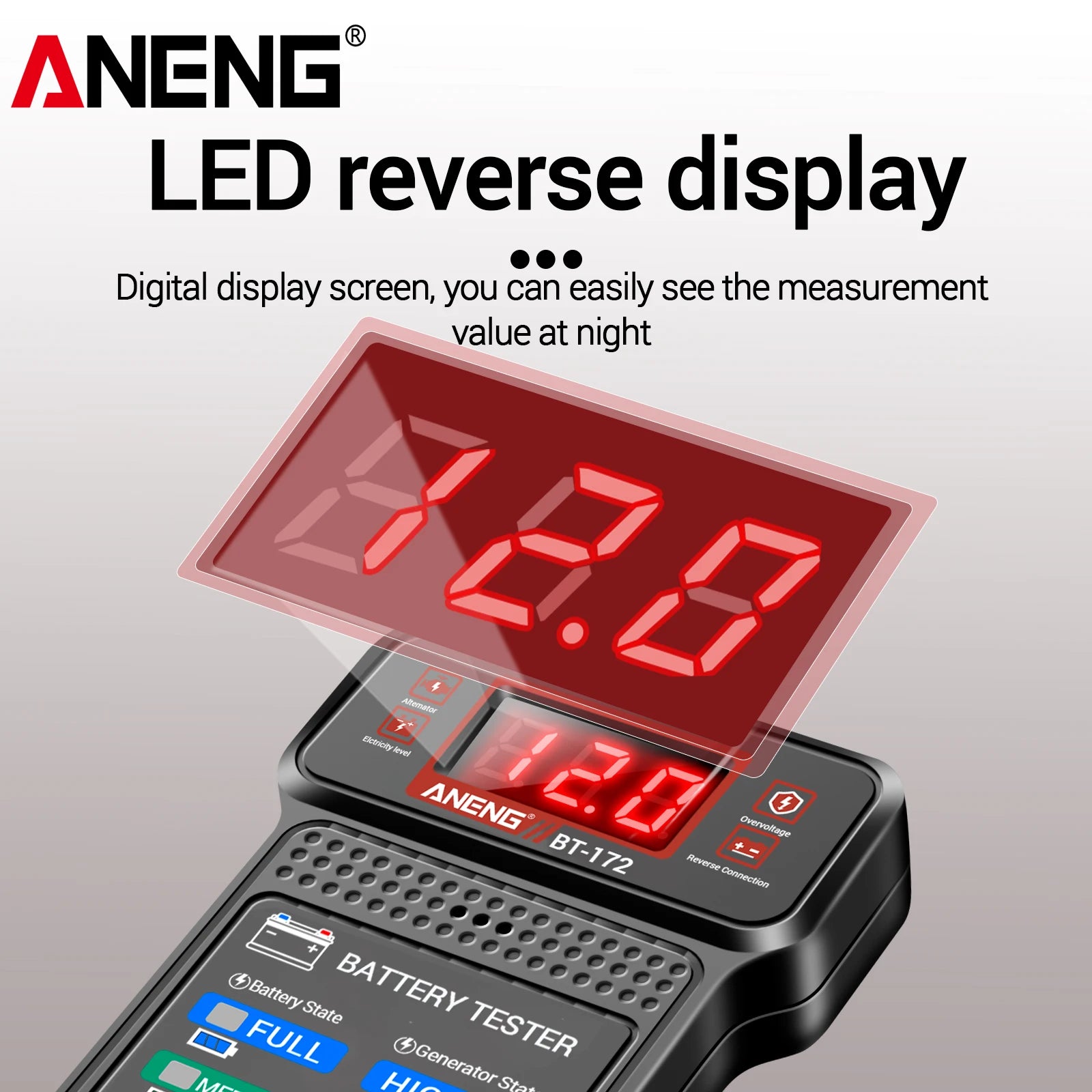 Car Battery Tester ANENG BT-172 12V Status Indicator Charge System Analyzer Voltage Meter Digital Display Alligator Clips Tool