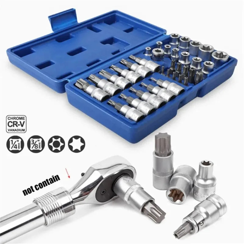 2026 34pcs Bit Socket and E-Torx Star Socket Set 1/4" 3/8" Drive Male Female E-torx Security Bits Handheld Tool Auto Repair Tool