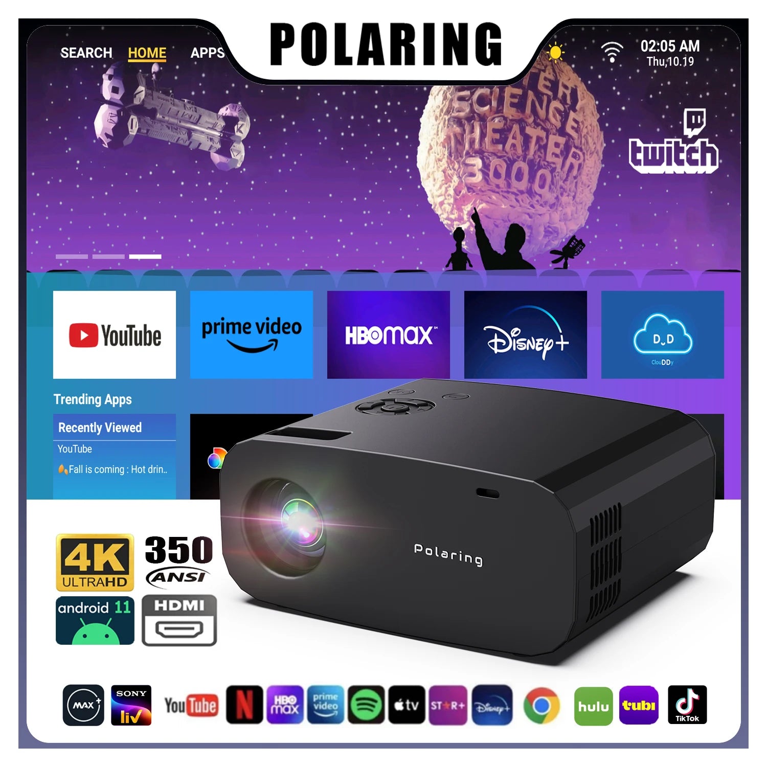 Polaring P7 Pro Projector Android 4K Projector 6G Wifi BT Full HD 350ANSI Lumens Home Cinema Office Proyector Camping Proyector