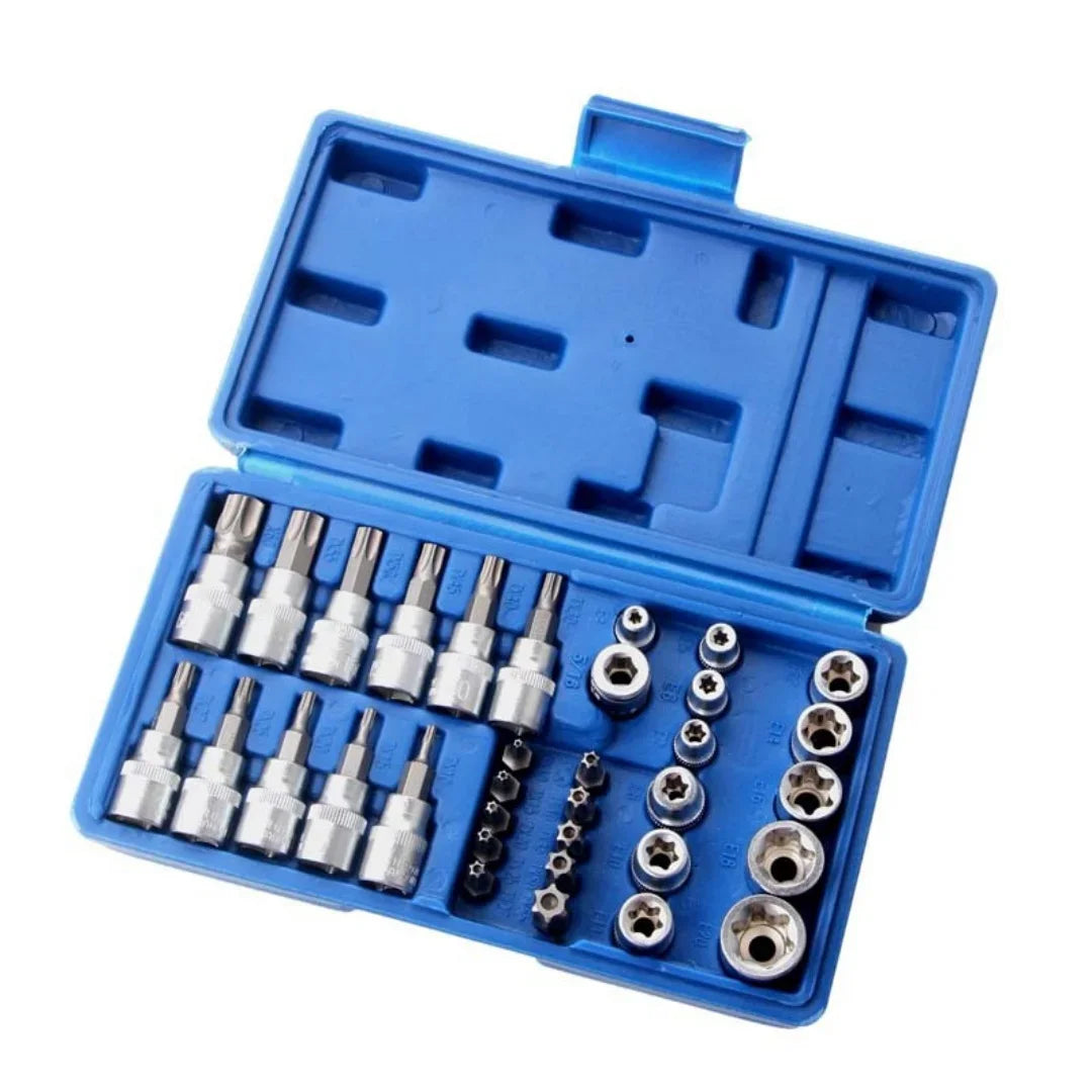 2026 34pcs Bit Socket and E-Torx Star Socket Set 1/4" 3/8" Drive Male Female E-torx Security Bits Handheld Tool Auto Repair Tool