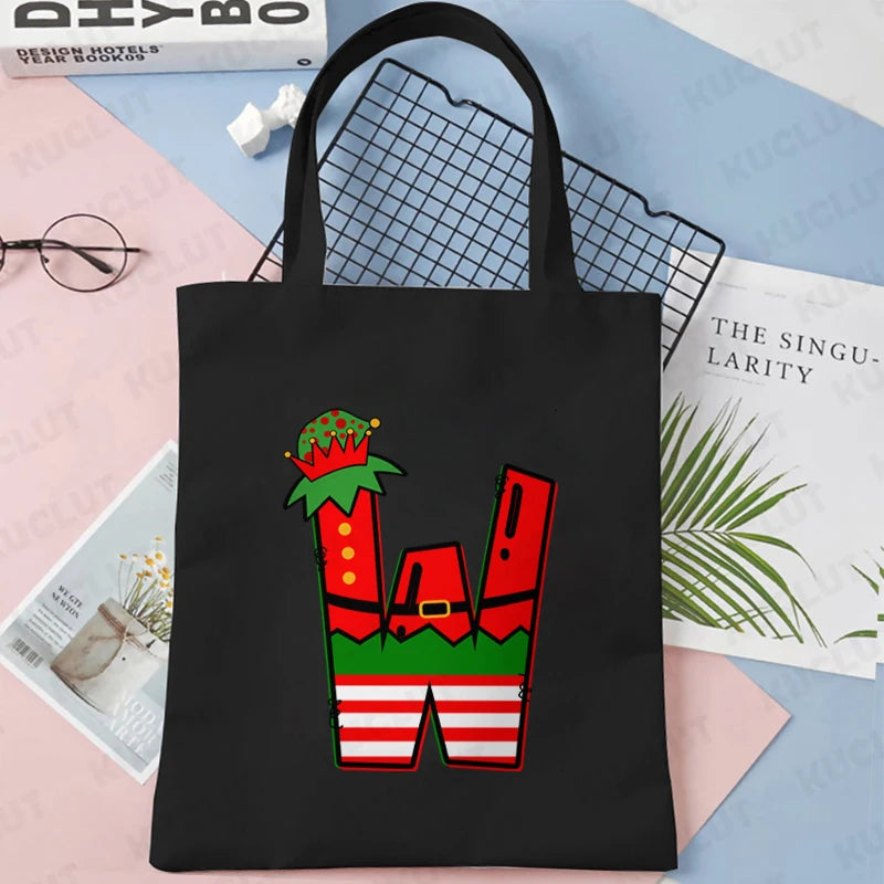 Merry Christmas 26 Alphabet Canvas Tote Bag for Women Letters Aesthetic Shoulder Bag Cartoon Capybara Student Reusable Handbags