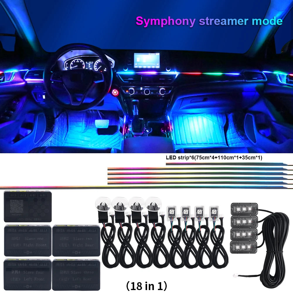 18 in 1 Dual Zone Symphony LED Car Ambient Lights RGB 64 Colors Interior Rainbow Acrylic Strip Neon Atmosphere Lighting Kit App
