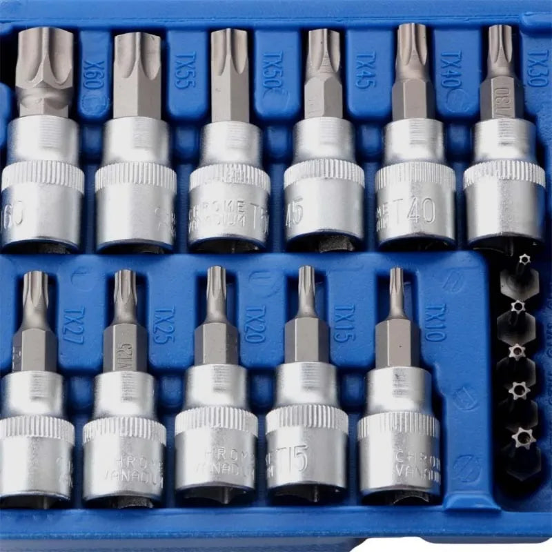 2026 34pcs Bit Socket and E-Torx Star Socket Set 1/4" 3/8" Drive Male Female E-torx Security Bits Handheld Tool Auto Repair Tool