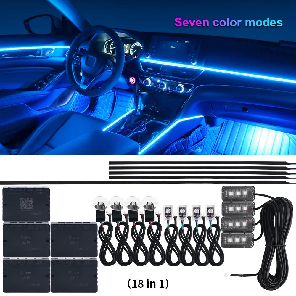 18 in 1 Dual Zone Symphony LED Car Ambient Lights RGB 64 Colors Interior Rainbow Acrylic Strip Neon Atmosphere Lighting Kit App