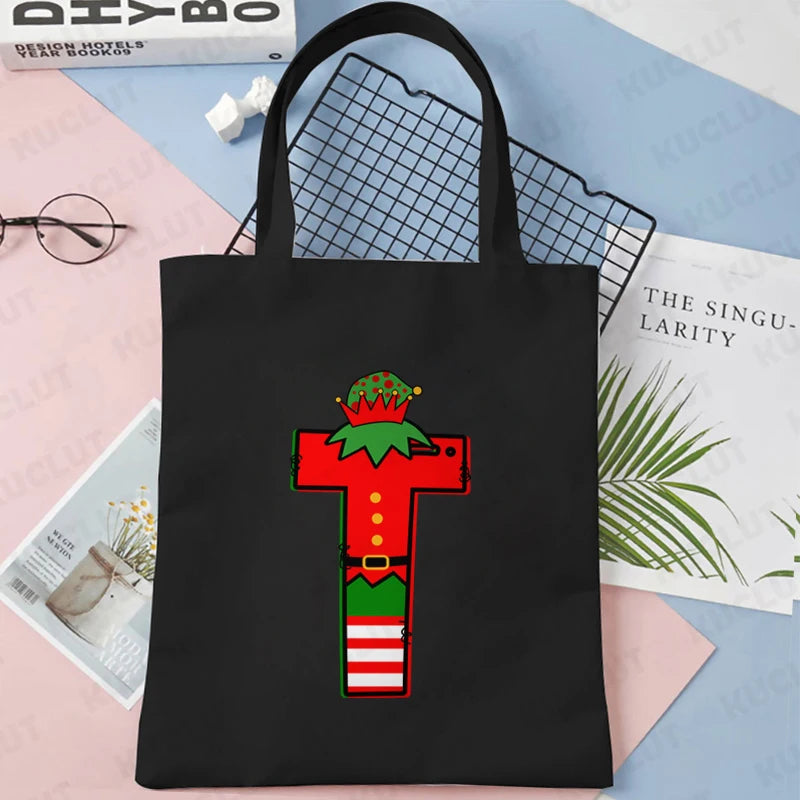 Merry Christmas 26 Alphabet Canvas Tote Bag for Women Letters Aesthetic Shoulder Bag Cartoon Capybara Student Reusable Handbags