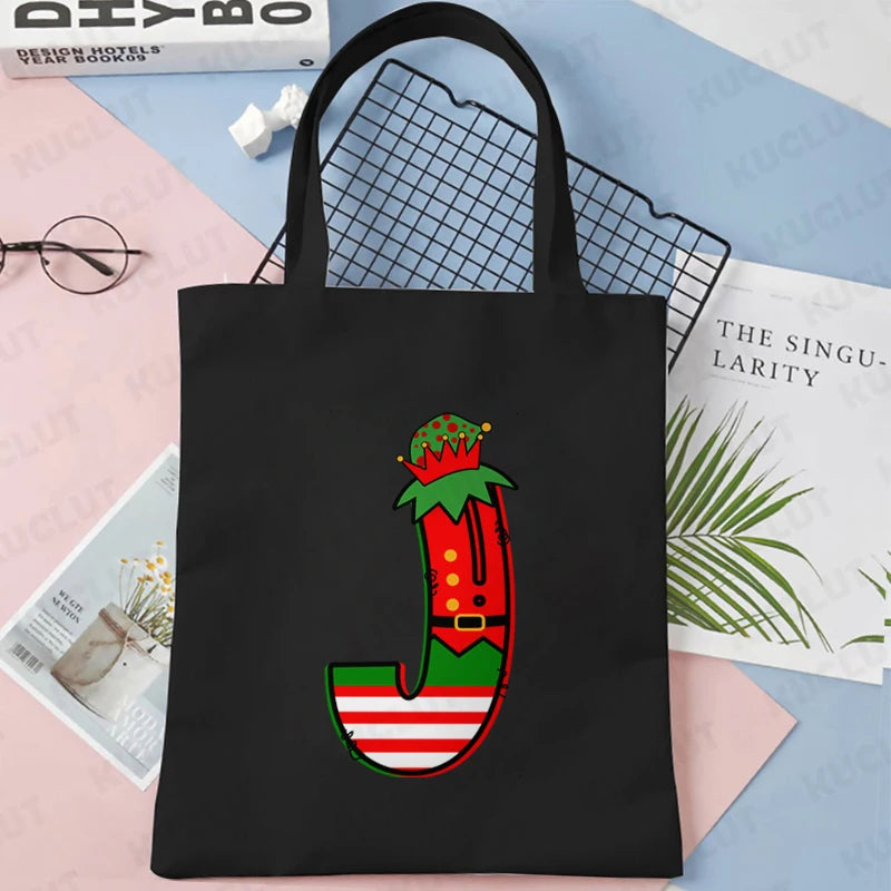 Merry Christmas 26 Alphabet Canvas Tote Bag for Women Letters Aesthetic Shoulder Bag Cartoon Capybara Student Reusable Handbags