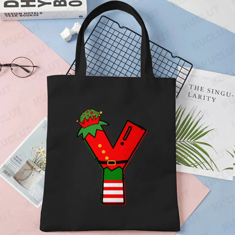 Merry Christmas 26 Alphabet Canvas Tote Bag for Women Letters Aesthetic Shoulder Bag Cartoon Capybara Student Reusable Handbags