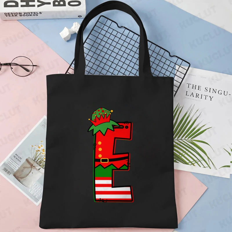 Merry Christmas 26 Alphabet Canvas Tote Bag for Women Letters Aesthetic Shoulder Bag Cartoon Capybara Student Reusable Handbags