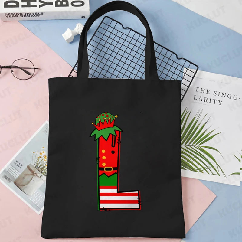 Merry Christmas 26 Alphabet Canvas Tote Bag for Women Letters Aesthetic Shoulder Bag Cartoon Capybara Student Reusable Handbags