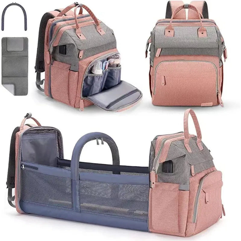5In1 Diaper Bag Backpack Foldable Baby Bed Waterproof Bag with USB Charge Nappy Stroller Bag with Changing Bed 3Types for Travel