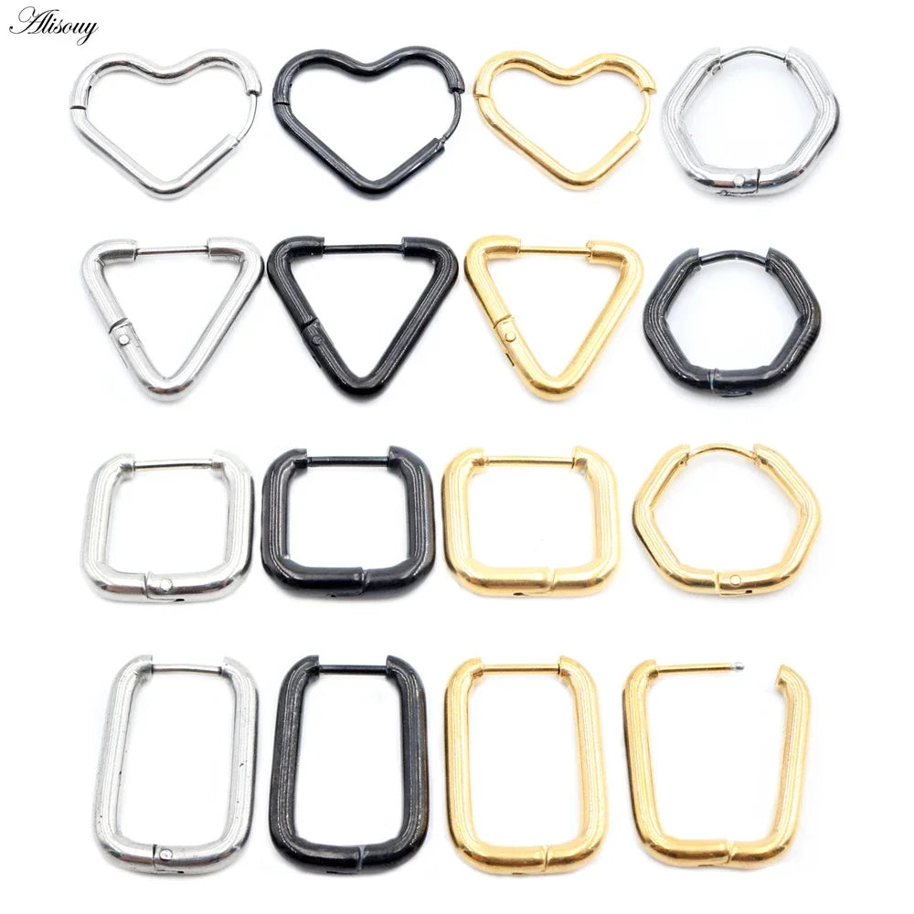 Alisouy 2PC Fashion Stainless Steel Hoop Earrings Heart Triangle Square Rectangle Hexagon Ear Helix Clip Huggie Women Men Unisex