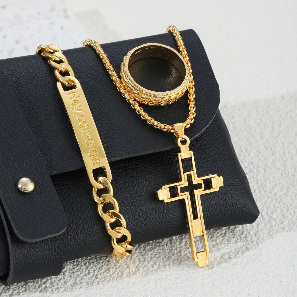 A set of 3 men's stainless steel cross necklace, bracelet and ring, gift-fever chain necklace with cross pendant, Cuban chain br