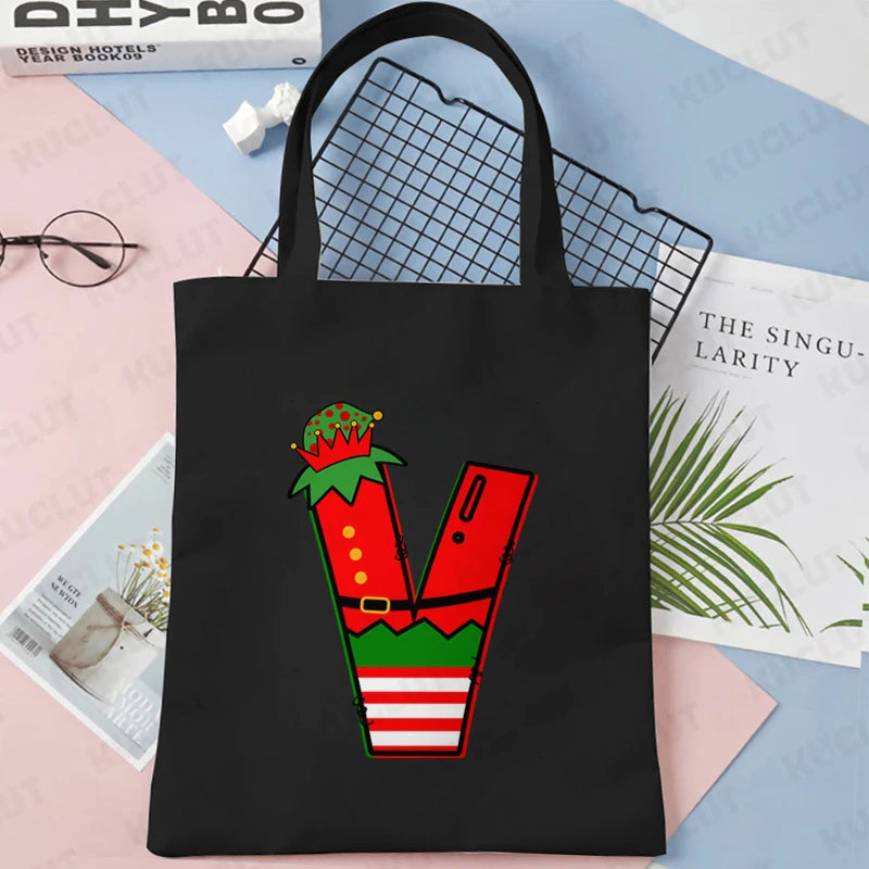 Merry Christmas 26 Alphabet Canvas Tote Bag for Women Letters Aesthetic Shoulder Bag Cartoon Capybara Student Reusable Handbags