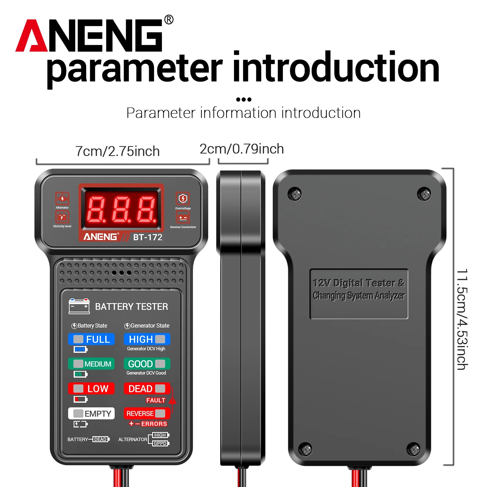 Car Battery Tester ANENG BT-172 12V Status Indicator Charge System Analyzer Voltage Meter Digital Display Alligator Clips Tool