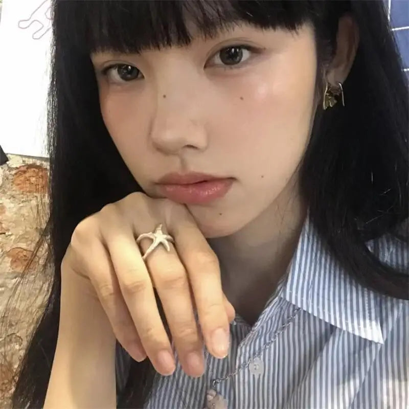 2026 Seaside Starfish Ring for Women Niche Index Finger Ring Adjustable Vacation Style Opening Stacked Rings Jewelry Accessories