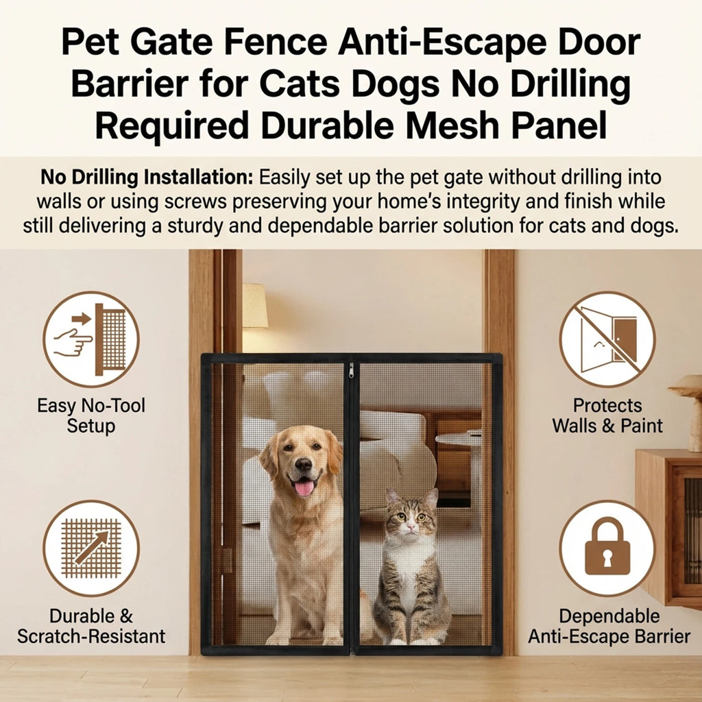Pet Gate Fence No Drilling Mesh Barrier Anti Escape Door Guard for Cats and Dogs Durable Scratch Proof for Kitchen Stairs
