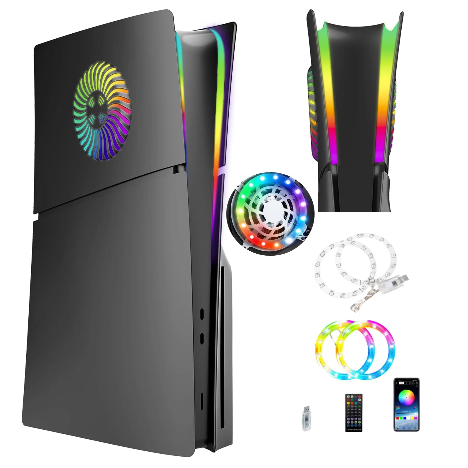 Faceplate with RGB Light Strip for PS5 Slim Cooling Vents LED Light Ring Console Cover for PS5 Slim Disc Edition Decoration Kit