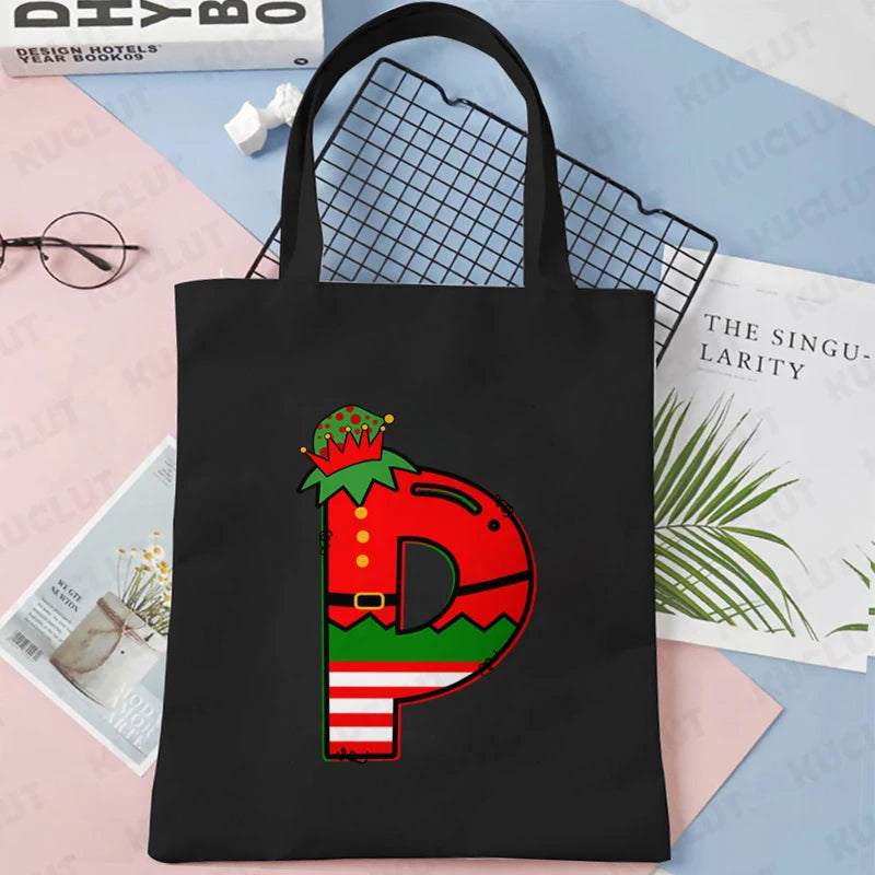 Merry Christmas 26 Alphabet Canvas Tote Bag for Women Letters Aesthetic Shoulder Bag Cartoon Capybara Student Reusable Handbags